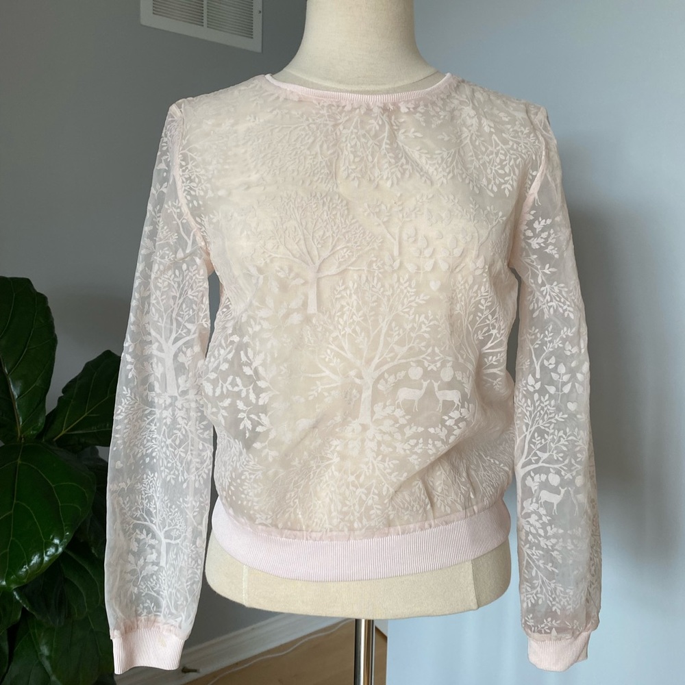 H&M whimsical sheer mesh top - woodland creatures print